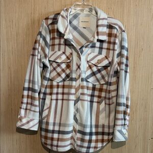 Thread & Supply Plaid Button-Up Hoodie - Cream, Brown, Gray